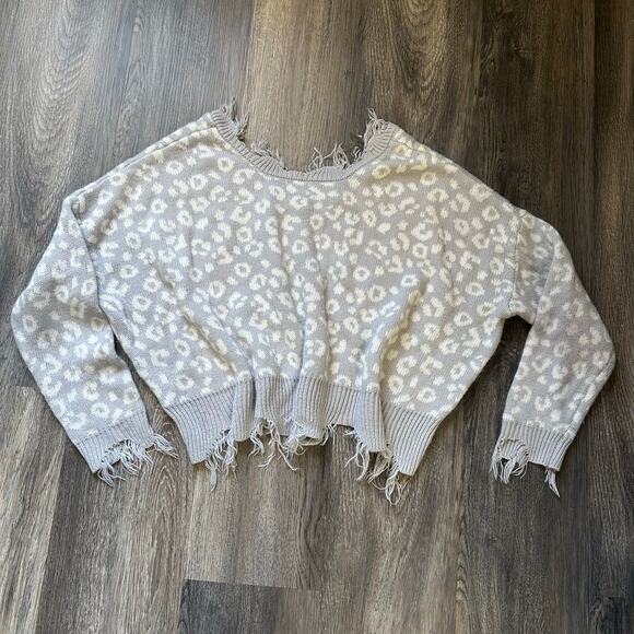 Grunge Leopard Distressed Crop Sweater Neutral Raw Hem Large Rue 21 - Picture 4 of 4